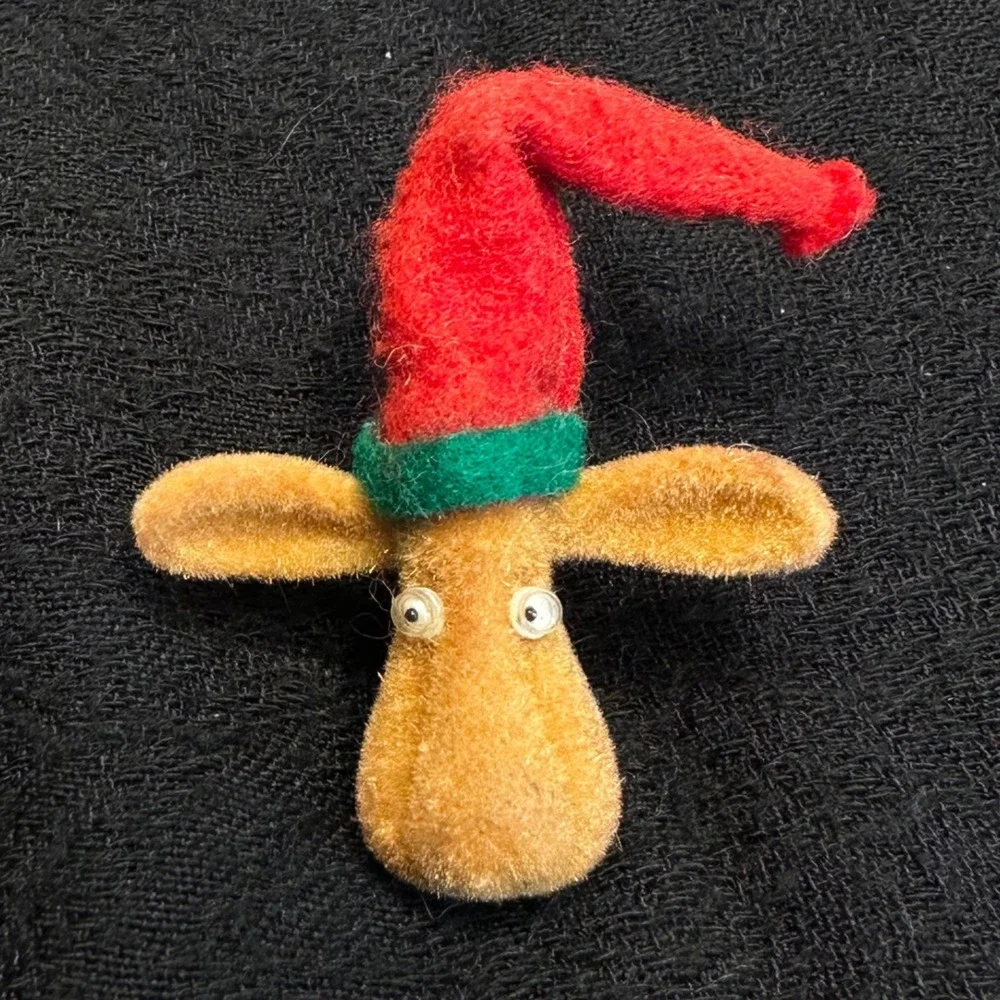 Vintage Flocked Reindeer Elf Hat Lapel‎ Pin Christmas Novelty Brooch